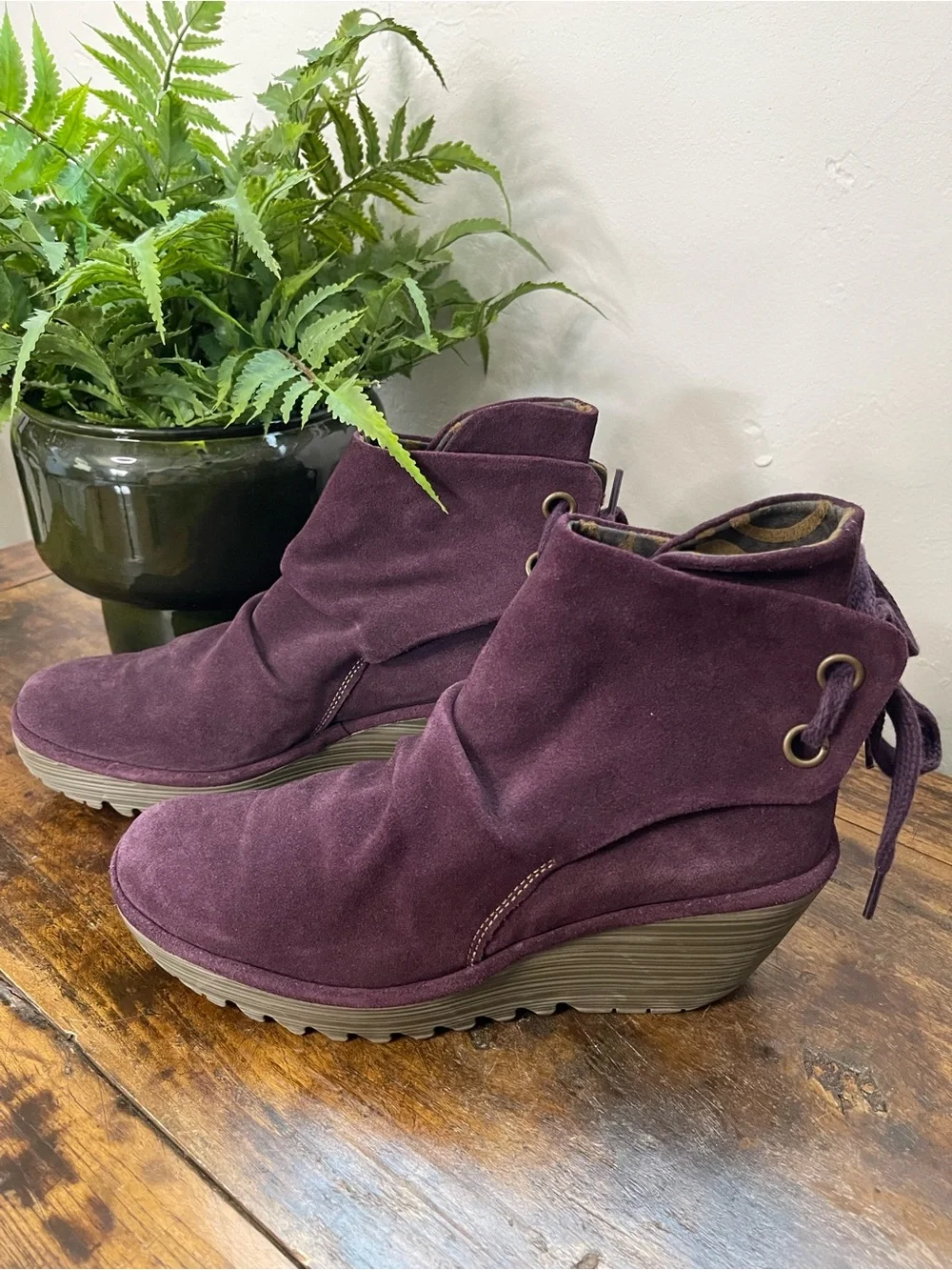 Fly London Rich Plum Suede Wedge Bootie EUC